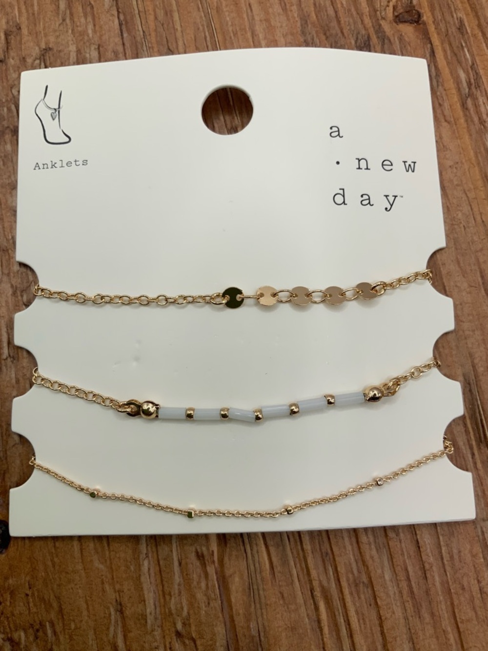 A.New Day 3 Piece Gold White Layered Anklet Set